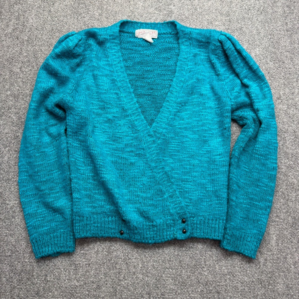 Vintage Spice of Life Teal Blue Knit Wrap Cardigan Puff Shoulder Retro Small